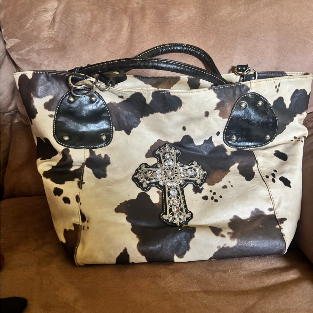 Country Road Cowhide Pattern Tote Bag with Cross Purse